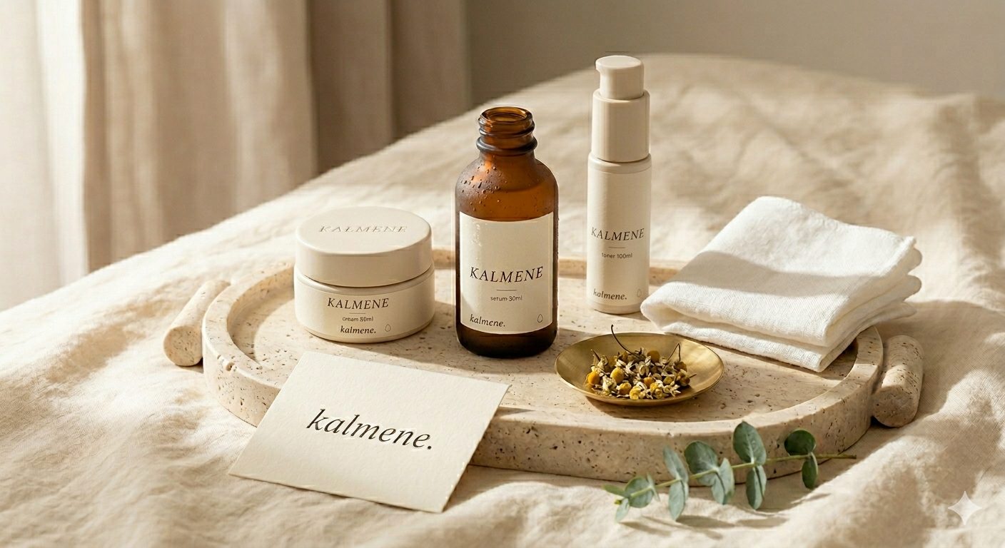 KALMENE skincare product line — full range on travertine vanity tray