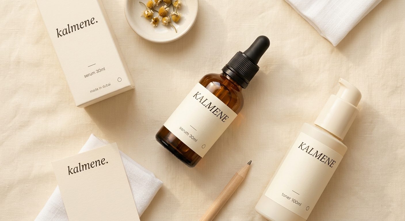 KALMENE skincare flat-lay — full product line, box, and brand card on cream linen