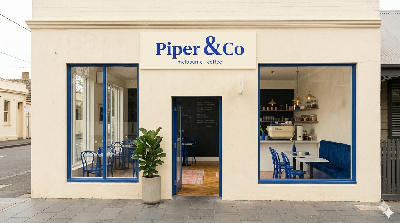 Piper & Co cafe storefront with logo sign on facade