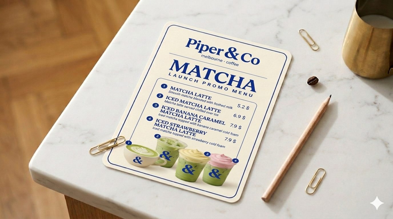 Piper & Co matcha launch promo menu on marble counter