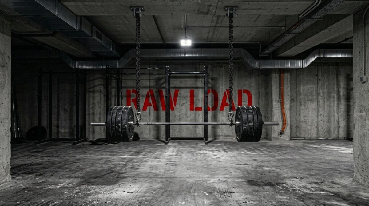 RAW LOAD — industrial gym interior with barbell and stenciled wordmark