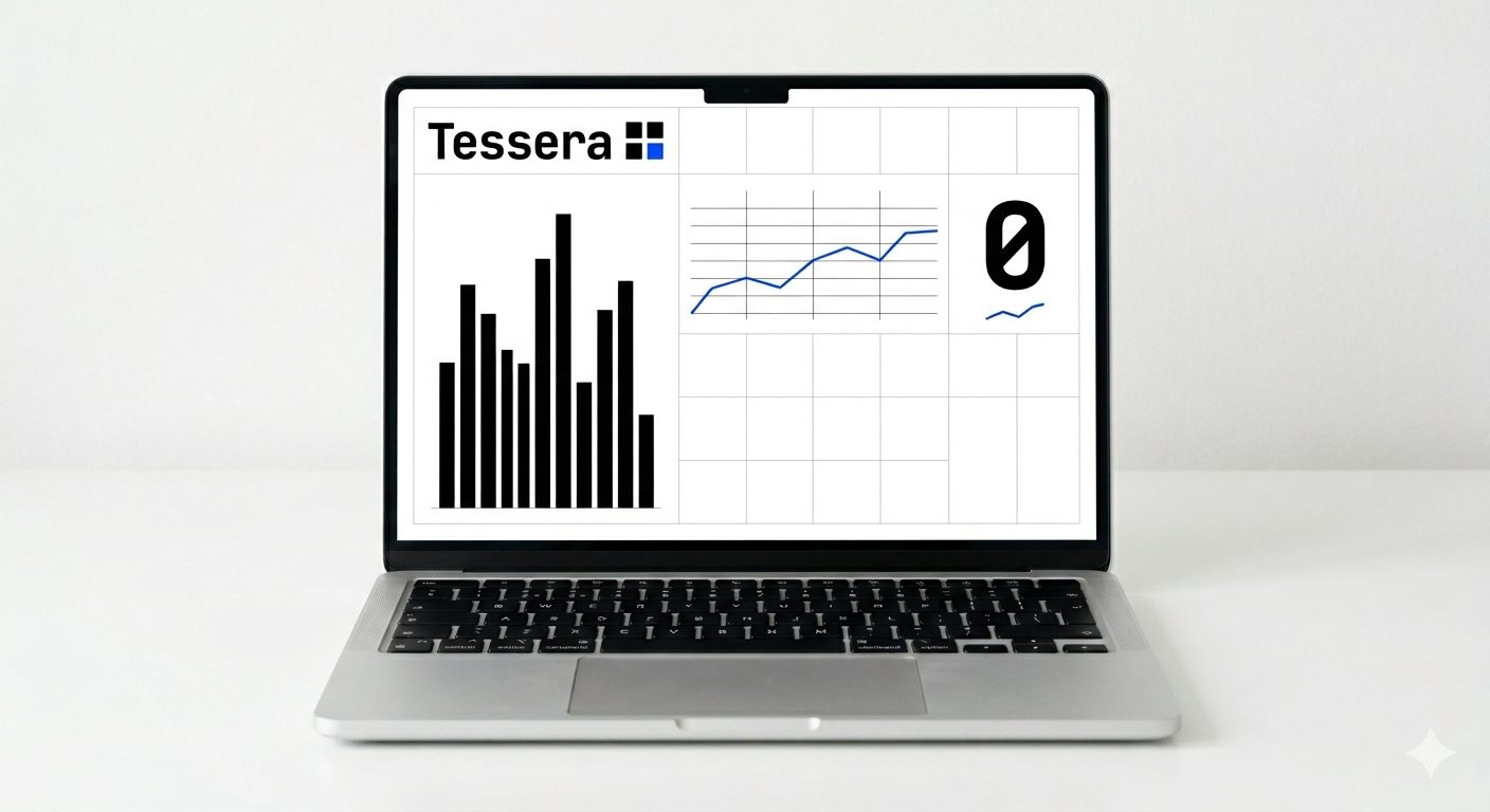 TESSERA product dashboard — Swiss-grid analytics interface with black and signal-blue palette.